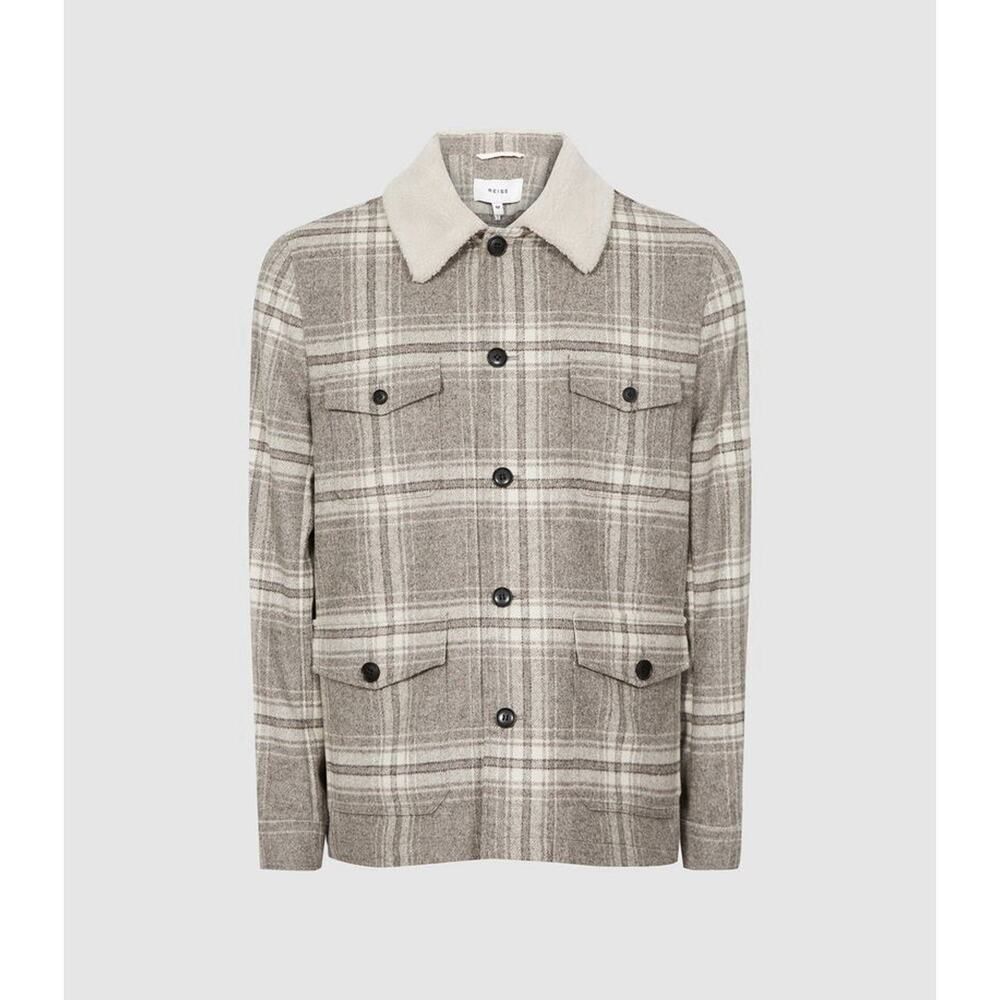 NWOT Reiss Marathon Sherpa Collar Checked Wool Blend Jacket Grey Plaid Men’s S